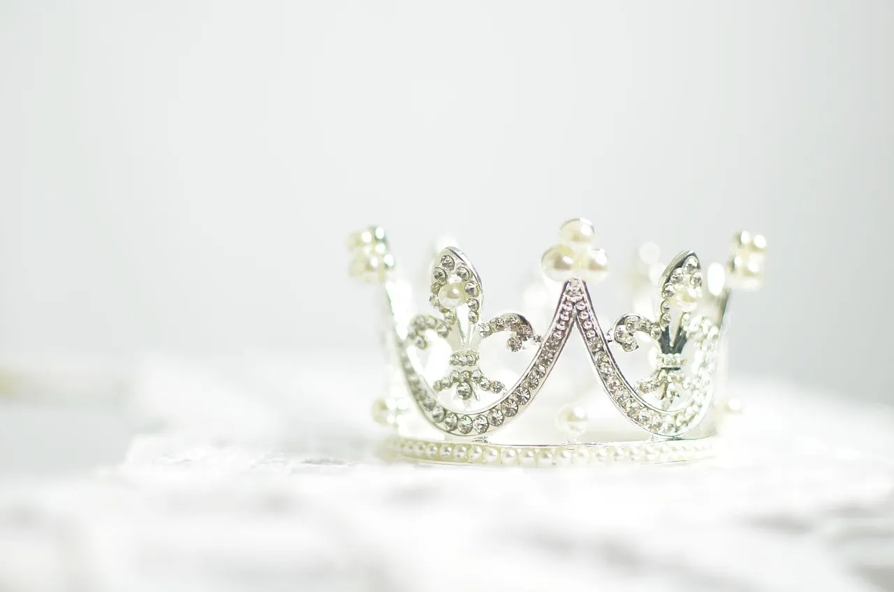 A jeweled pageant crown on a white surface
